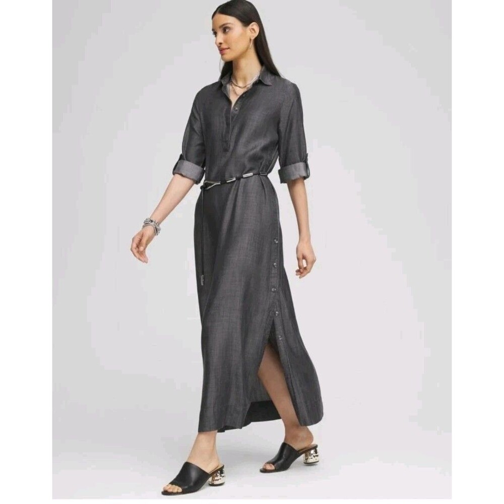 Chico's The Button Chambray Lyocell Collared Shirt Dress Roll Tab 3/4 Slv US 14P